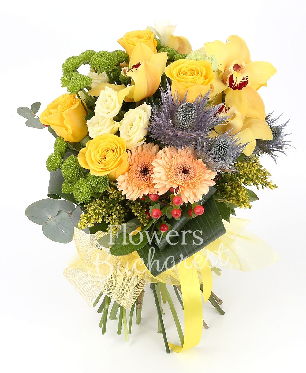 5 yellow roses, 3 cream gerbera, yellow cymbidium, 3 green santini, 5 white freesias, 2 white lisianthus, 2 eryngium, 2 solidago, 2 hypericum red, greenery