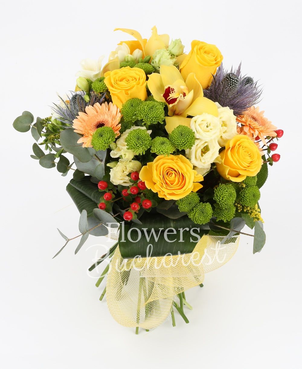 5 yellow roses, 3 cream gerbera, yellow cymbidium, 3 green santini, 5 white freesias, 2 white lisianthus, 2 eryngium, 2 solidago, 2 hypericum red, greenery