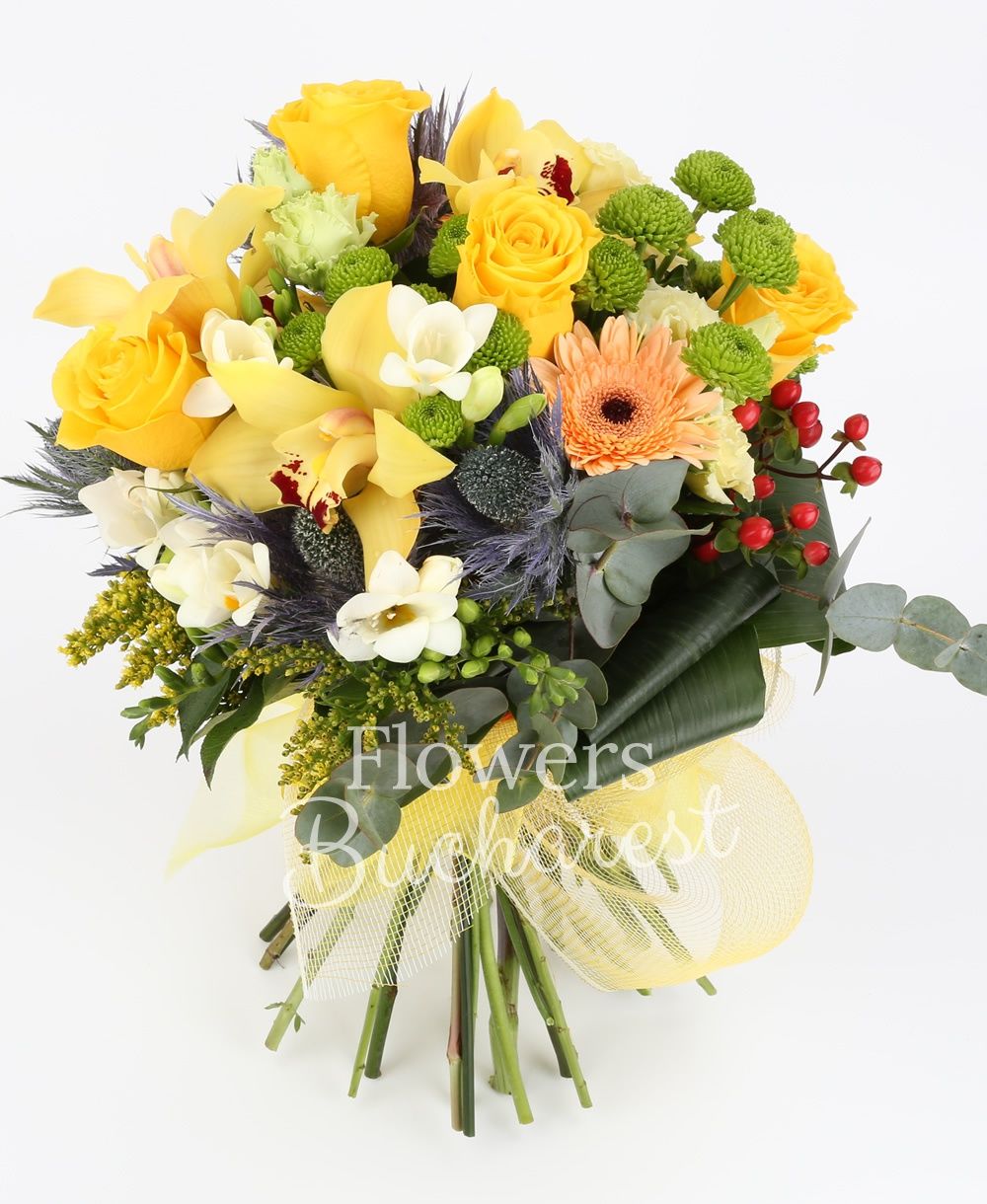 5 yellow roses, 3 cream gerbera, yellow cymbidium, 3 green santini, 5 white freesias, 2 white lisianthus, 2 eryngium, 2 solidago, 2 hypericum red, greenery