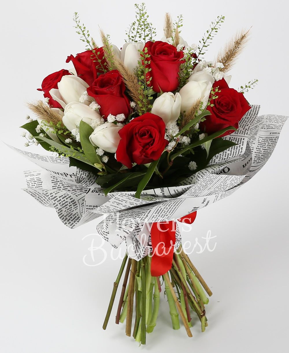 9 red roses, 10 white tulips, gypsophila, greenery