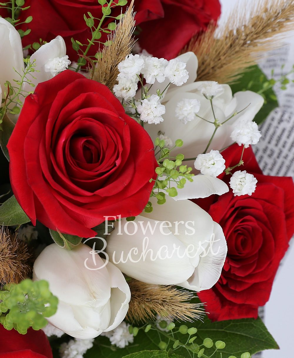 9 red roses, 10 white tulips, gypsophila, greenery