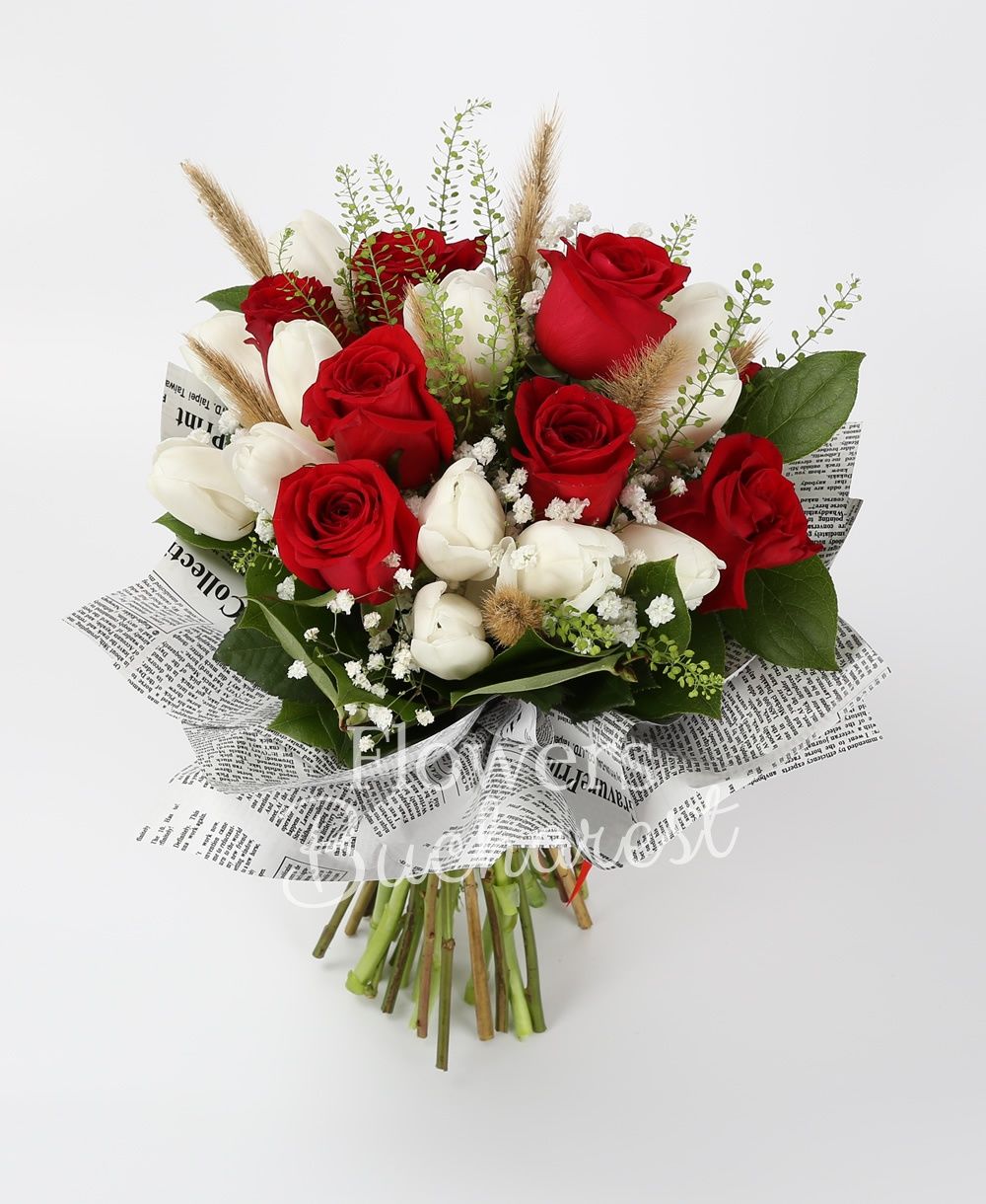 9 red roses, 10 white tulips, gypsophila, greenery