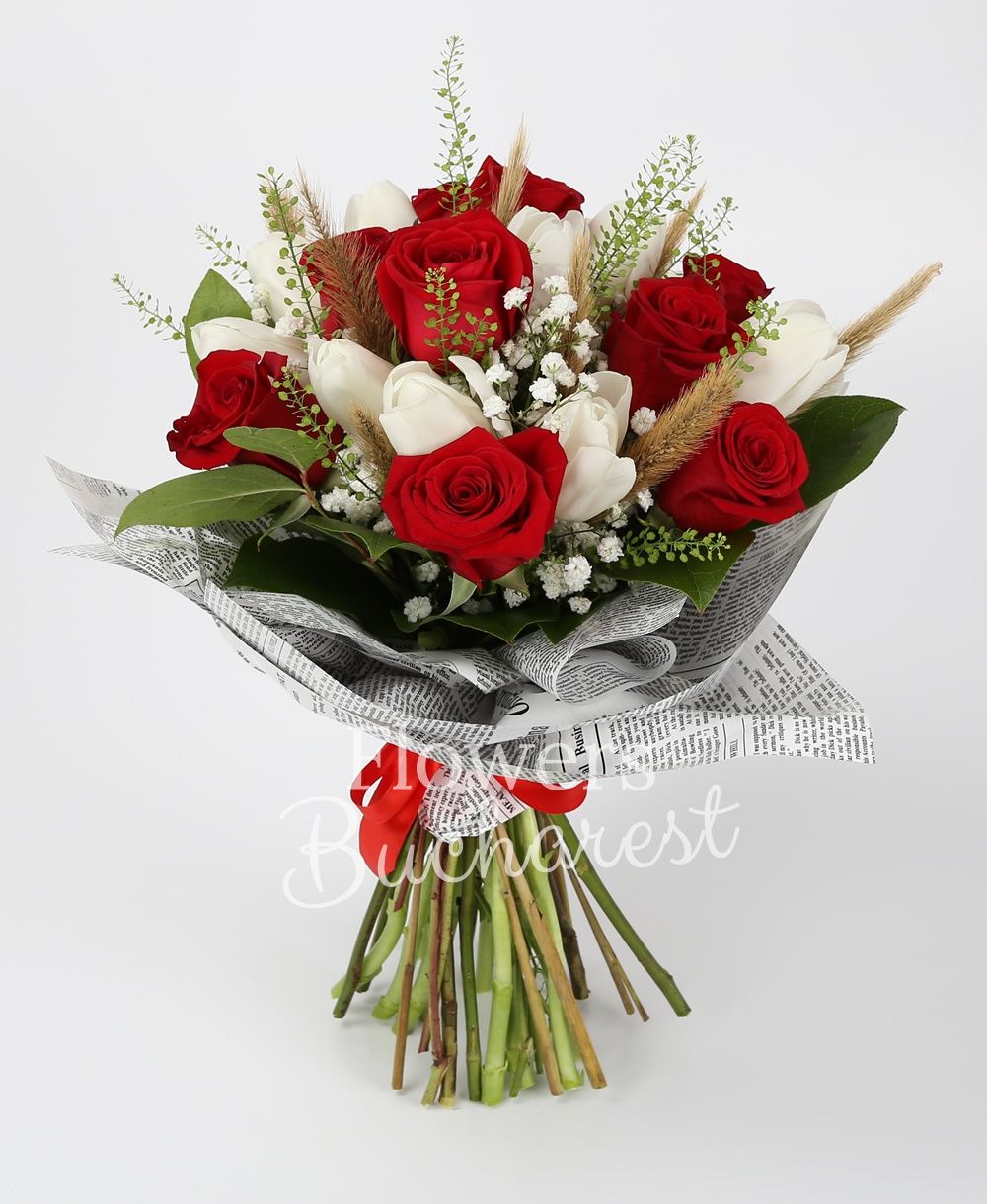 9 red roses, 10 white tulips, gypsophila, greenery