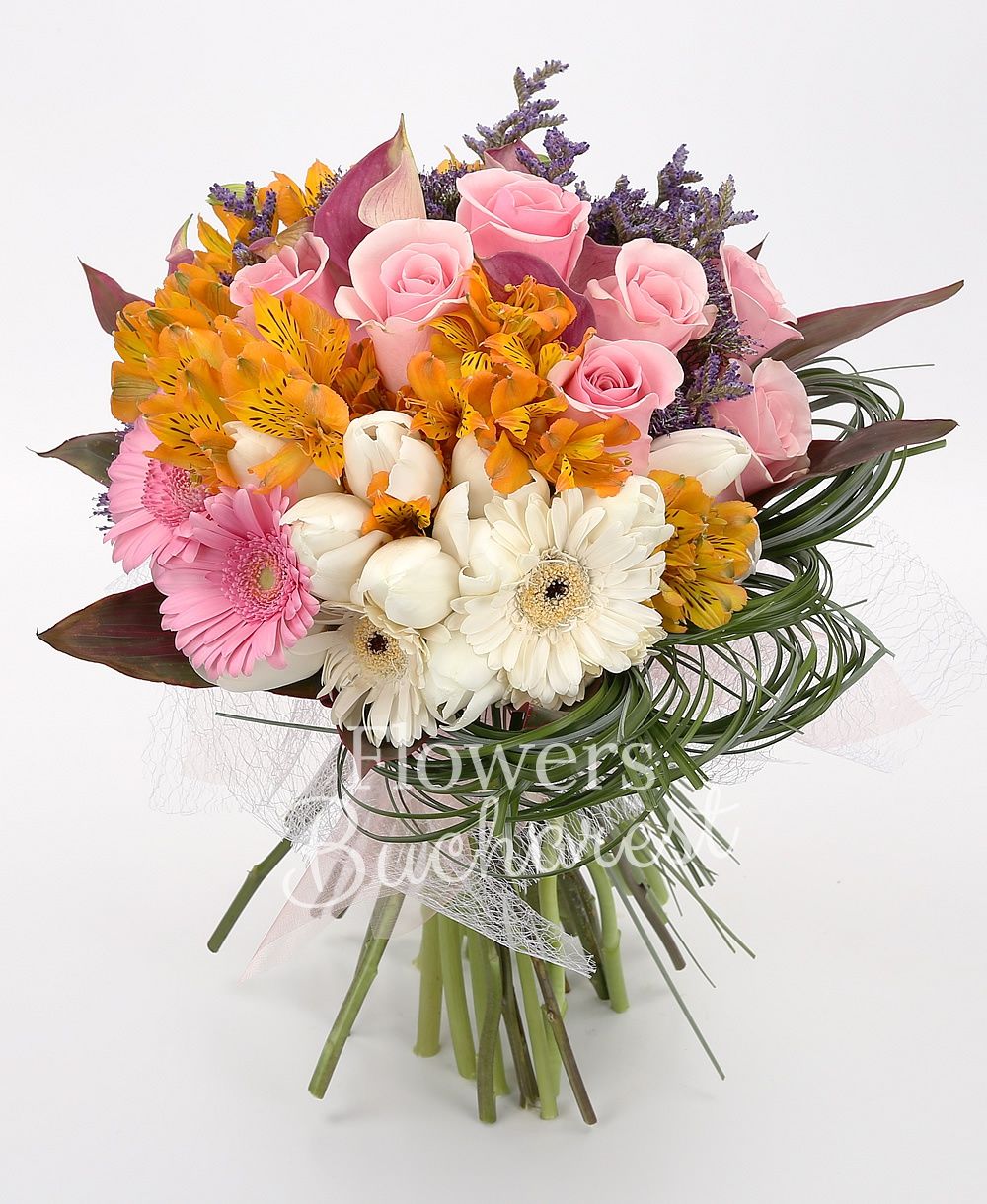 7 pink roses, 7 purple cala, 5 orange alstroemeria, 5 purple trachelium, 10 white tulips, 2 white gerberas, 3 pink gerberas, greenery