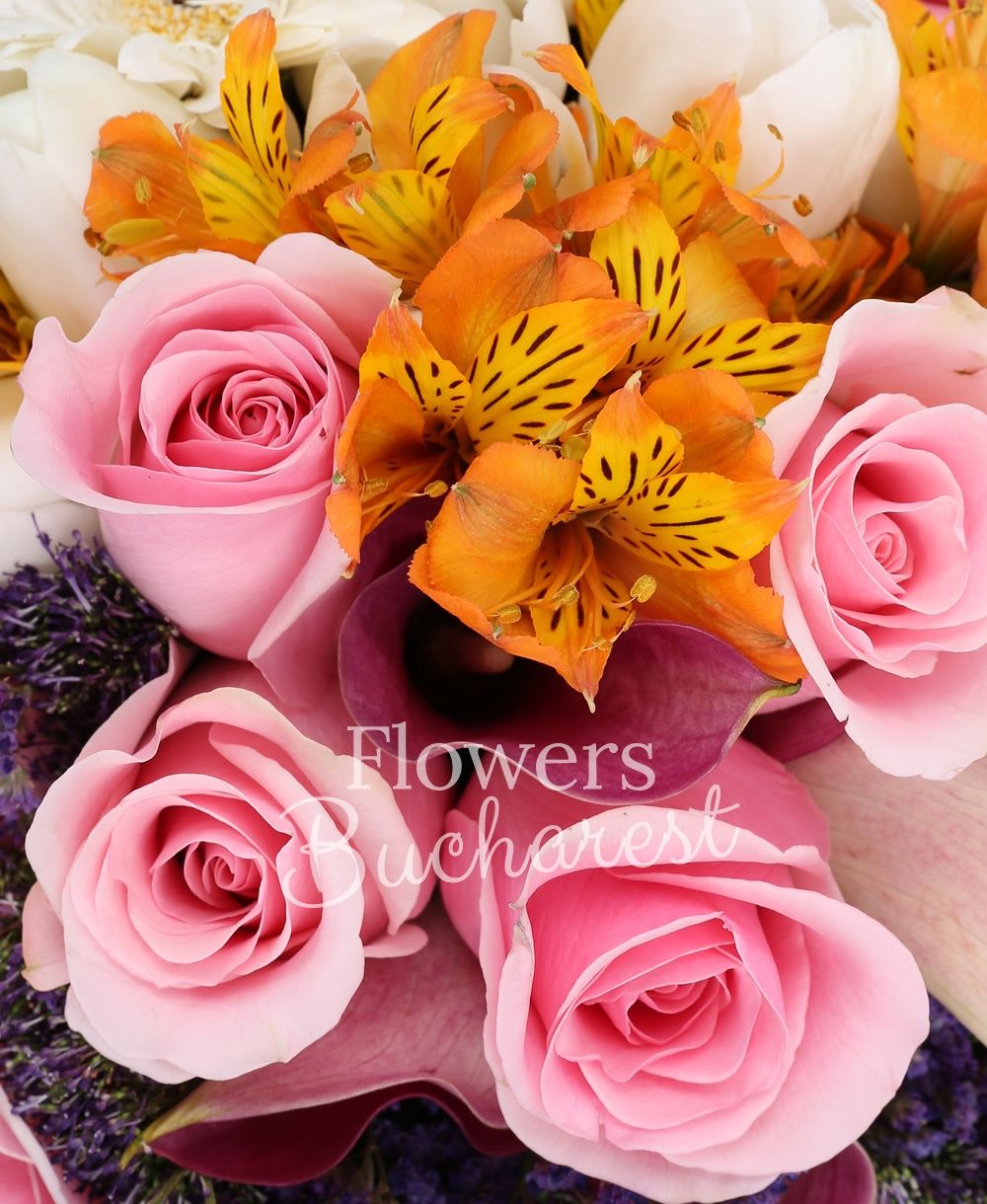 7 pink roses, 7 purple cala, 5 orange alstroemeria, 5 purple trachelium, 10 white tulips, 2 white gerberas, 3 pink gerberas, greenery