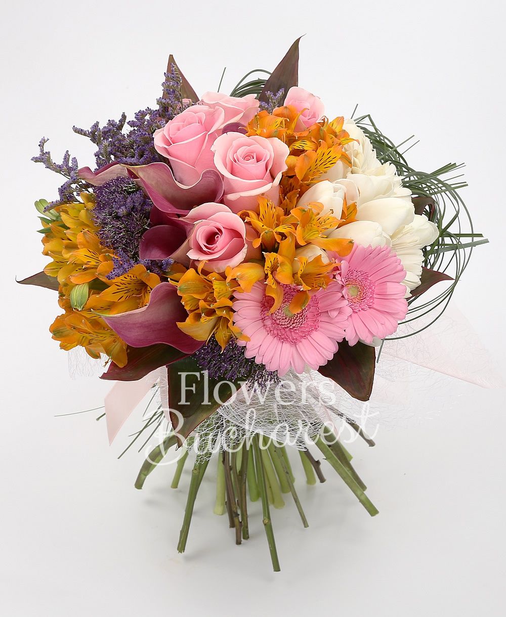 7 pink roses, 7 purple cala, 5 orange alstroemeria, 5 purple trachelium, 10 white tulips, 2 white gerberas, 3 pink gerberas, greenery