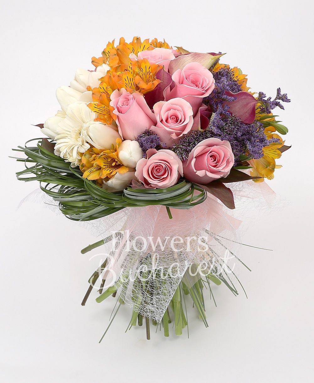 7 pink roses, 7 purple cala, 5 orange alstroemeria, 5 purple trachelium, 10 white tulips, 2 white gerberas, 3 pink gerberas, greenery