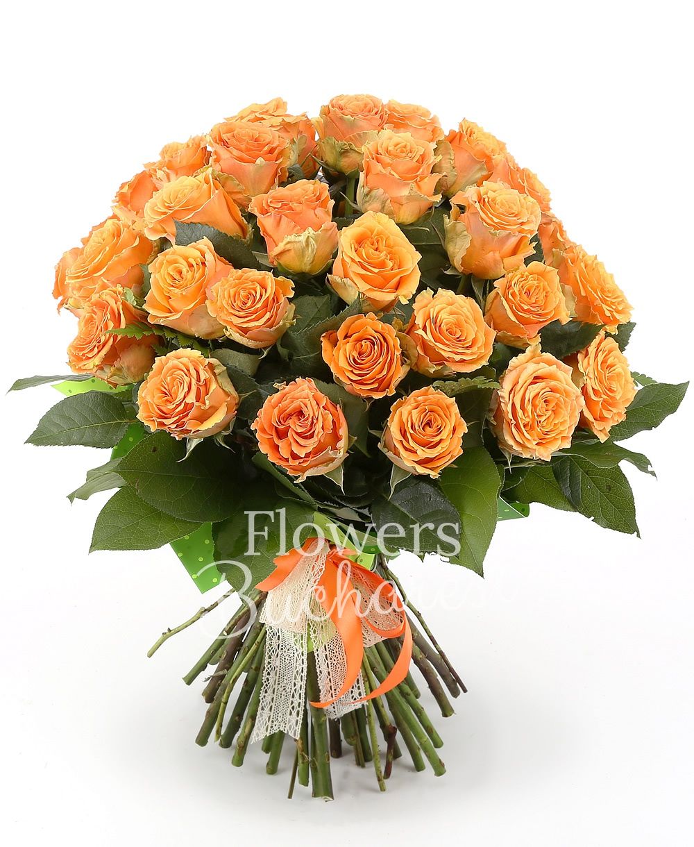 31 orange roses, greenery