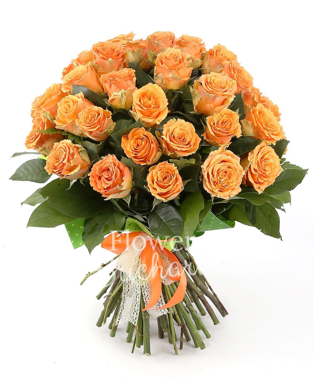 31 orange roses, greenery