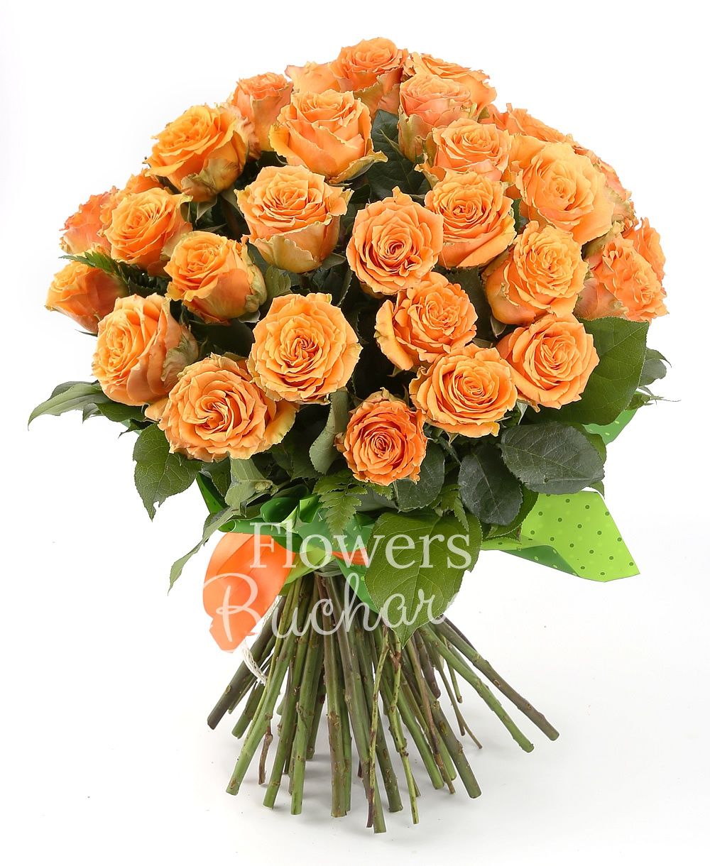 31 orange roses, greenery