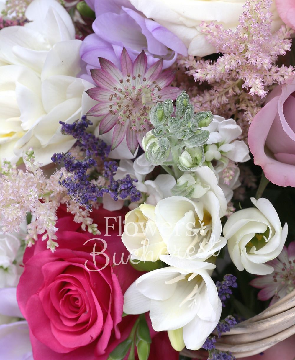 3 cyclam roses, 5 purple roses, 3 white roses, 2 pink roses, 5 yellow freesias, 5 purple freesias, 5 white matthiola, 3 pink lisianthus, 2 cream miniroses, 5 pink veronica, 5 pink astilbe, greenery