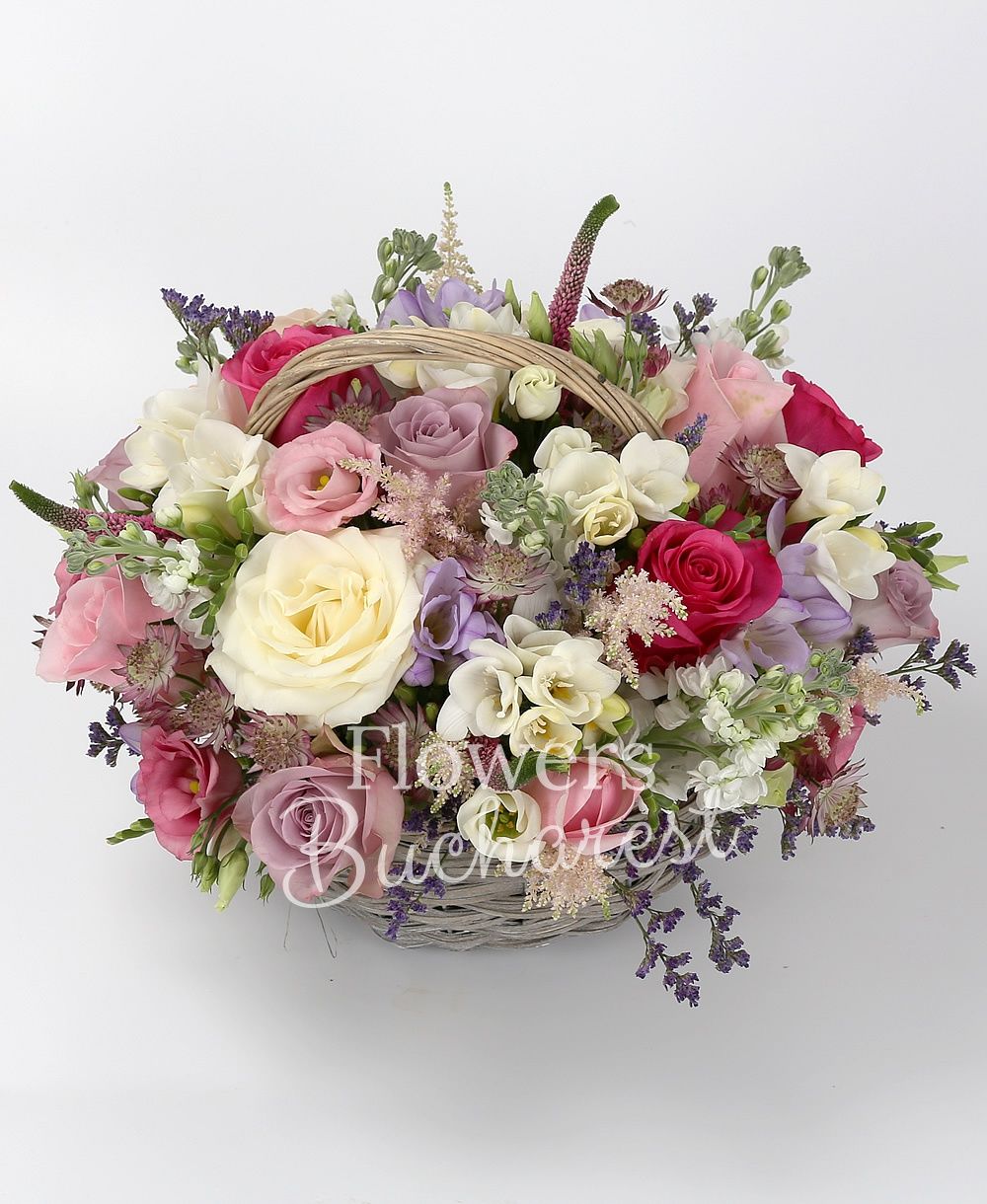 3 cyclam roses, 5 purple roses, 3 white roses, 2 pink roses, 5 yellow freesias, 5 purple freesias, 5 white matthiola, 3 pink lisianthus, 2 cream miniroses, 5 pink veronica, 5 pink astilbe, greenery
