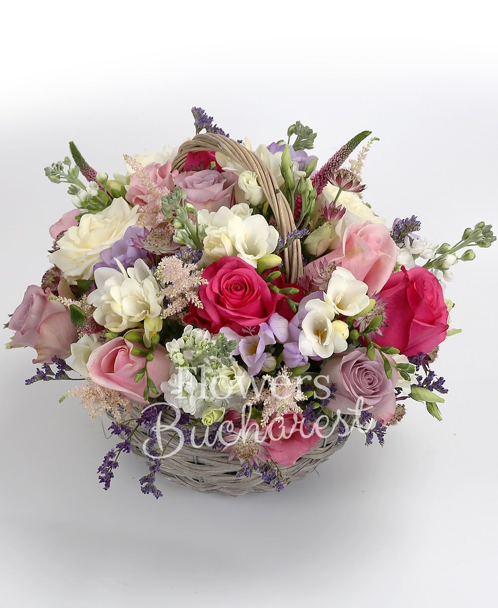 3 cyclam roses, 5 purple roses, 3 white roses, 2 pink roses, 5 yellow freesias, 5 purple freesias, 5 white matthiola, 3 pink lisianthus, 2 cream miniroses, 5 pink veronica, 5 pink astilbe, greenery