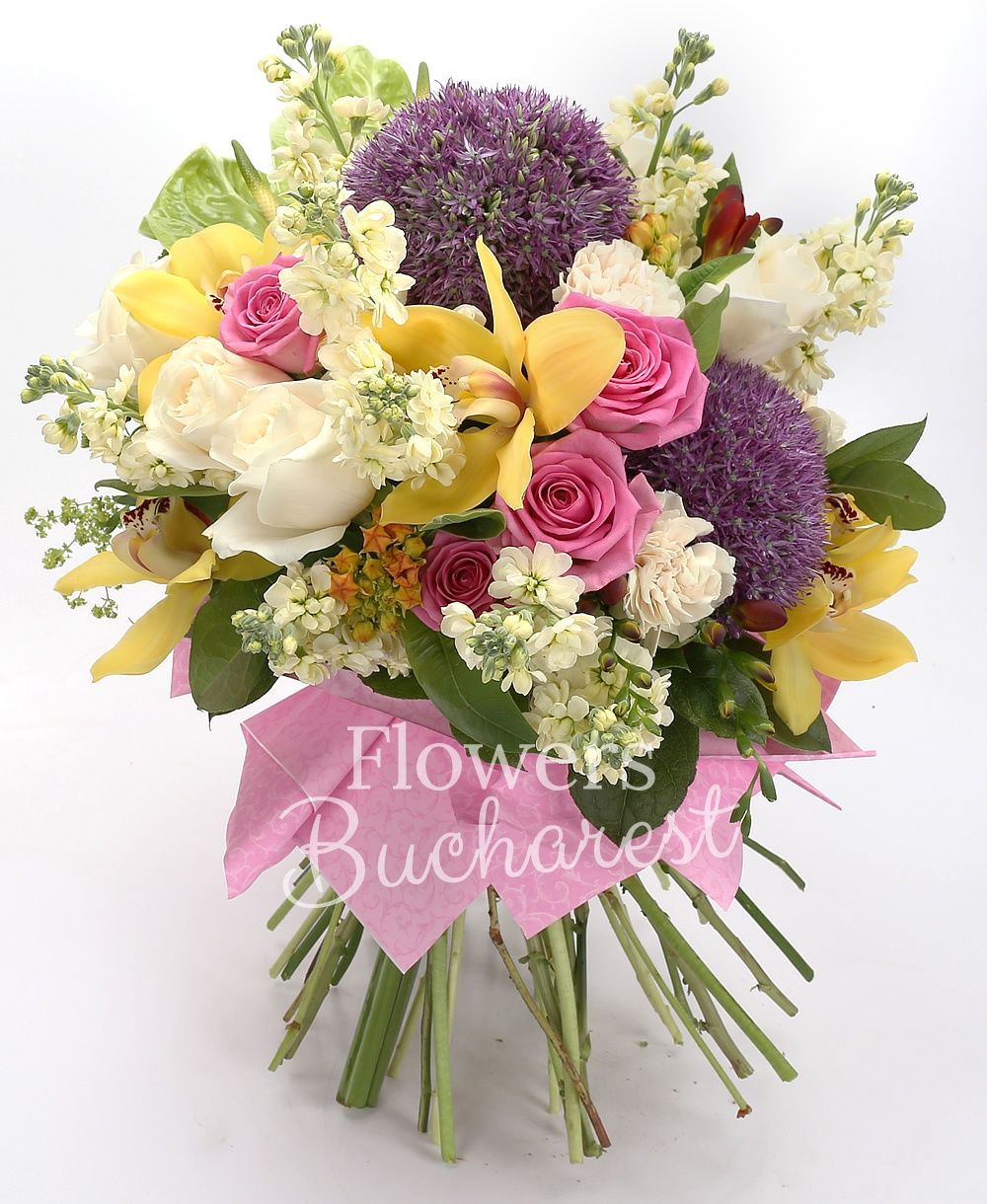 5 cyclam roses, 5 white roses, 9 cream mathiolla, 2 allium, 2 green anthurium, yellow cymbidium, 5 garnet freesias, 3 green santini, 3 yellow gerbera, greenery