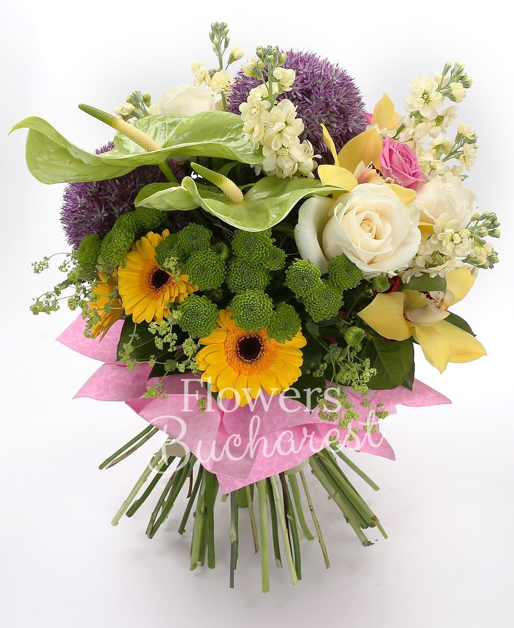 5 cyclam roses, 5 white roses, 9 cream mathiolla, 2 allium, 2 green anthurium, yellow cymbidium, 5 garnet freesias, 3 green santini, 3 yellow gerbera, greenery