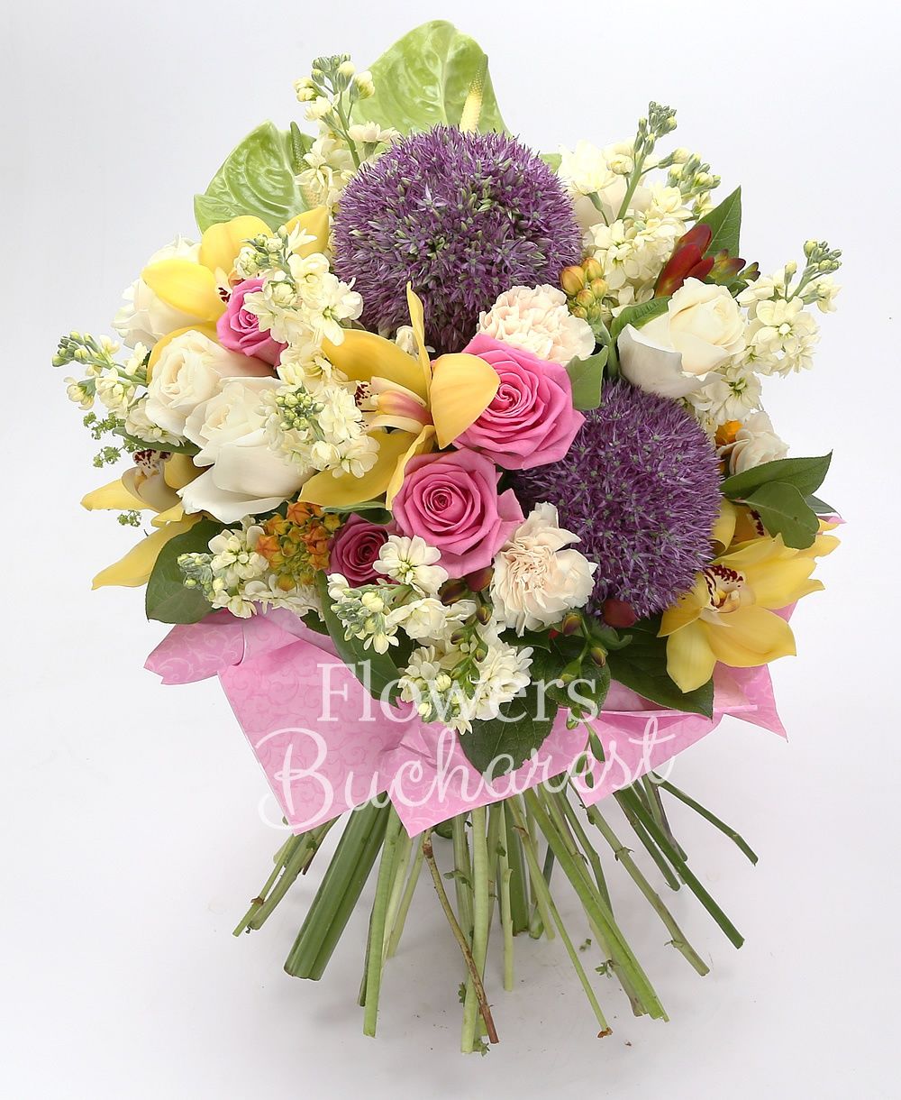 5 cyclam roses, 5 white roses, 9 cream mathiolla, 2 allium, 2 green anthurium, yellow cymbidium, 5 garnet freesias, 3 green santini, 3 yellow gerbera, greenery