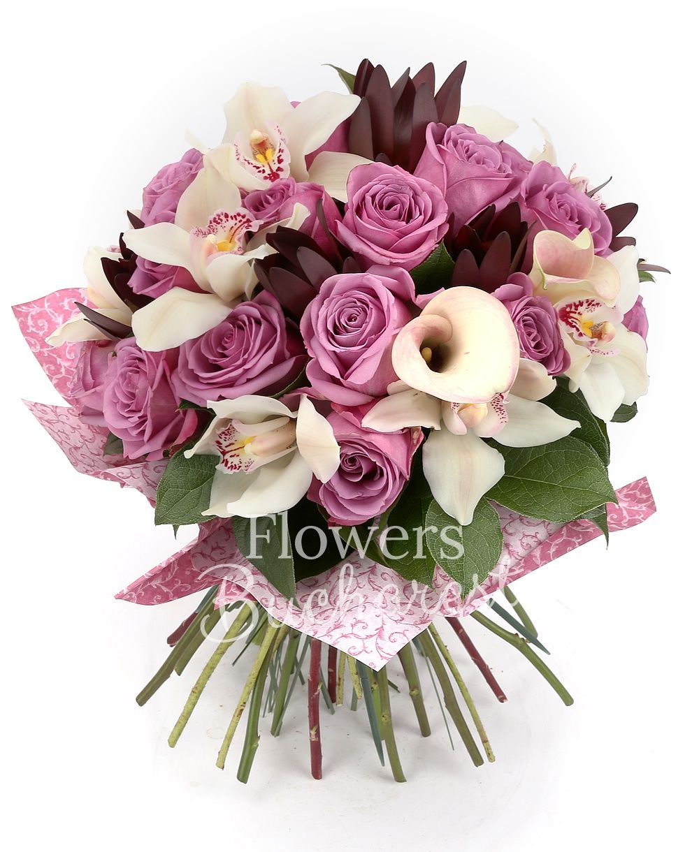 15 mauve roses, 5 leucadendron, 3 pink cala, white cymbidium, greenery