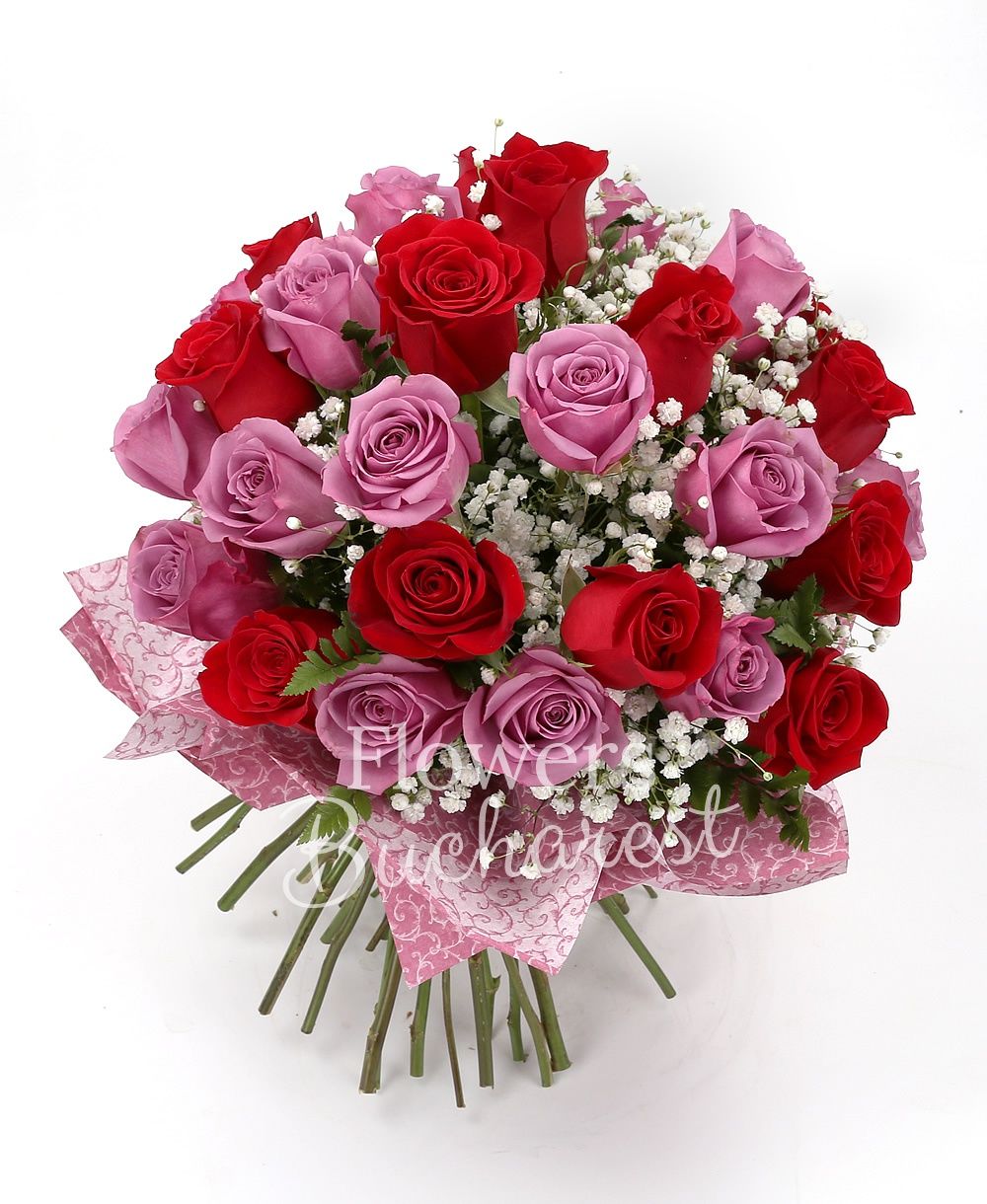 13 red roses, 15 pink roses, greenery