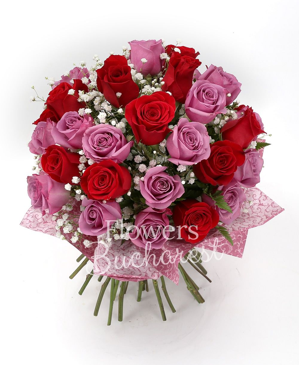 13 red roses, 15 pink roses, greenery