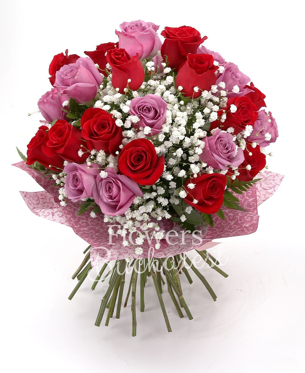 13 red roses, 15 pink roses, greenery