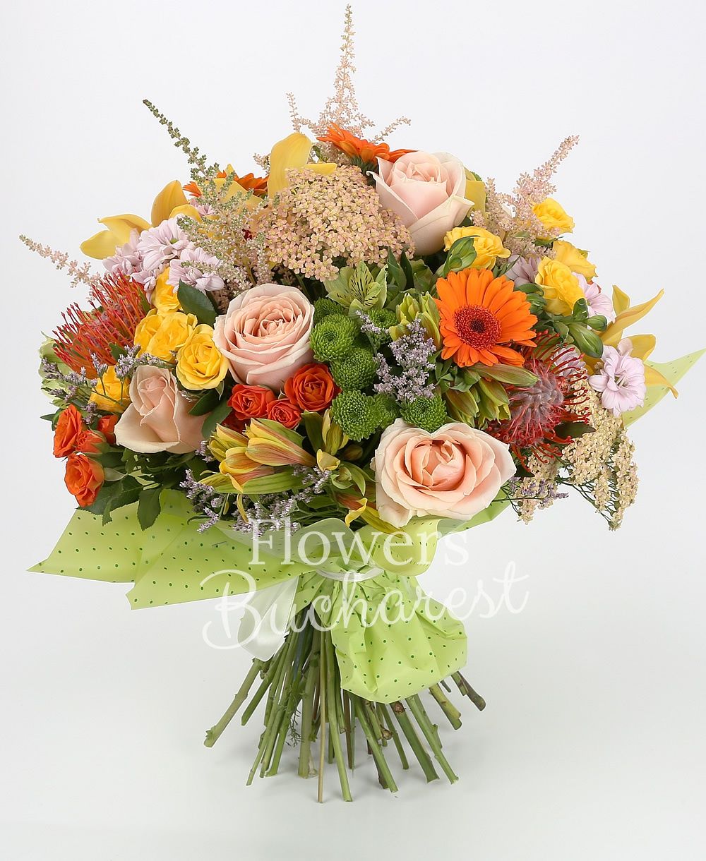 5 orange gerberas, 3 leucospermum, 5 orange miniroses, 5 yellow miniroses, 3 pink chrysanthemums, 3 green santini, 5 yellow alstroemeria, yellow cymbidium, 5 pink astilbe, 5 rice flower