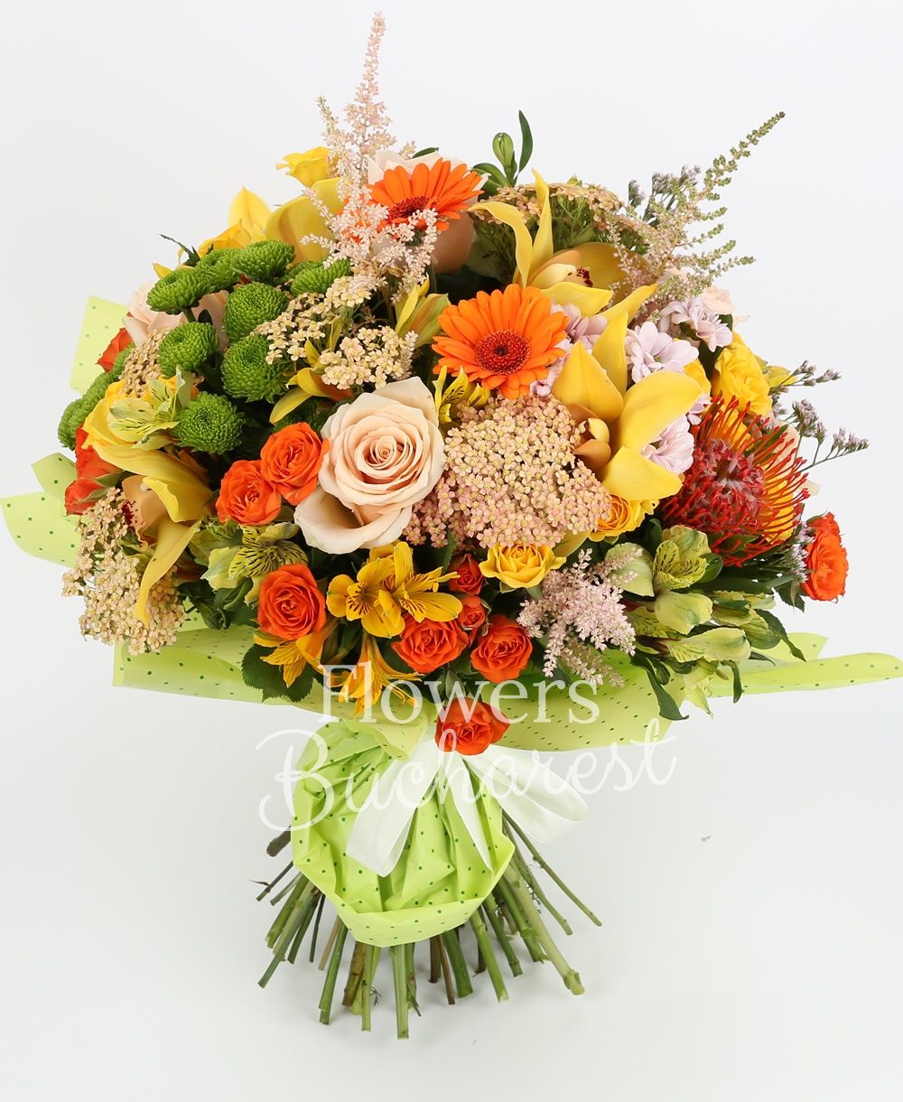 5 orange gerberas, 3 leucospermum, 5 orange miniroses, 5 yellow miniroses, 3 pink chrysanthemums, 3 green santini, 5 yellow alstroemeria, yellow cymbidium, 5 pink astilbe, 5 rice flower