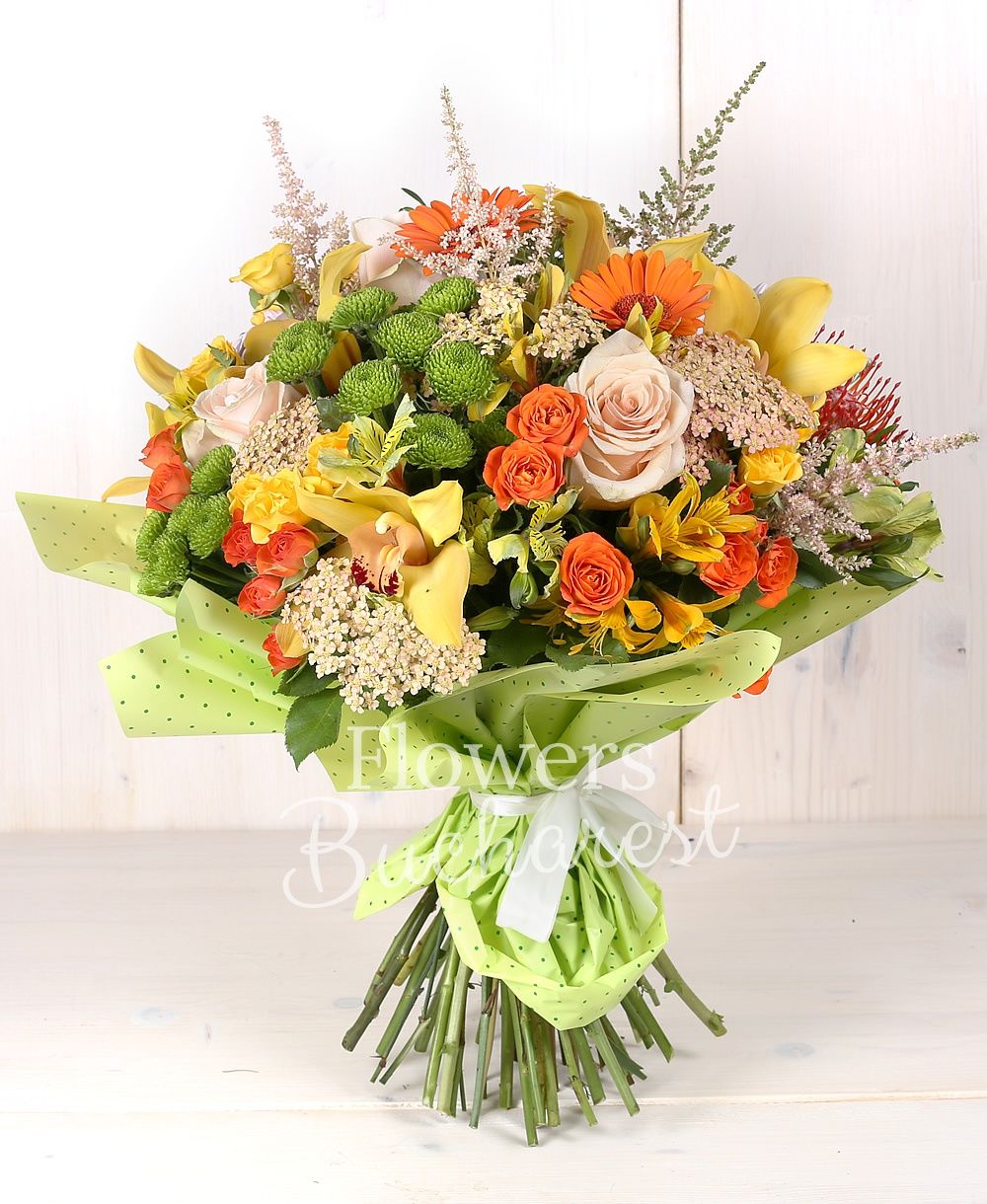 5 orange gerberas, 3 leucospermum, 5 orange miniroses, 5 yellow miniroses, 3 pink chrysanthemums, 3 green santini, 5 yellow alstroemeria, yellow cymbidium, 5 pink astilbe, 5 rice flower