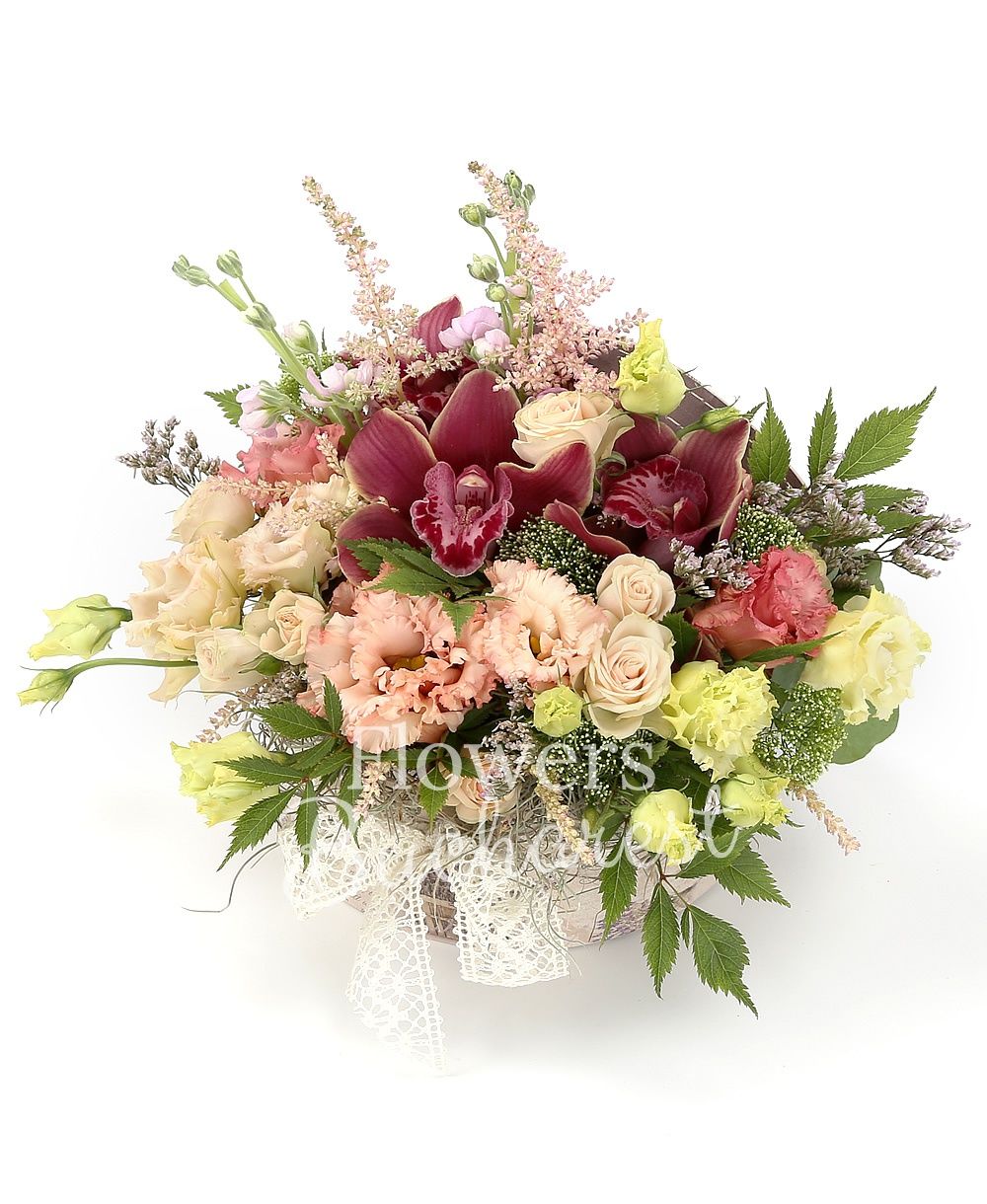 3 pink lisianthus, 2 green lisianthus, 3 cream miniroses, 2 purple mathiolla, garnet cymbidium, 3 pink astilbe, greenery