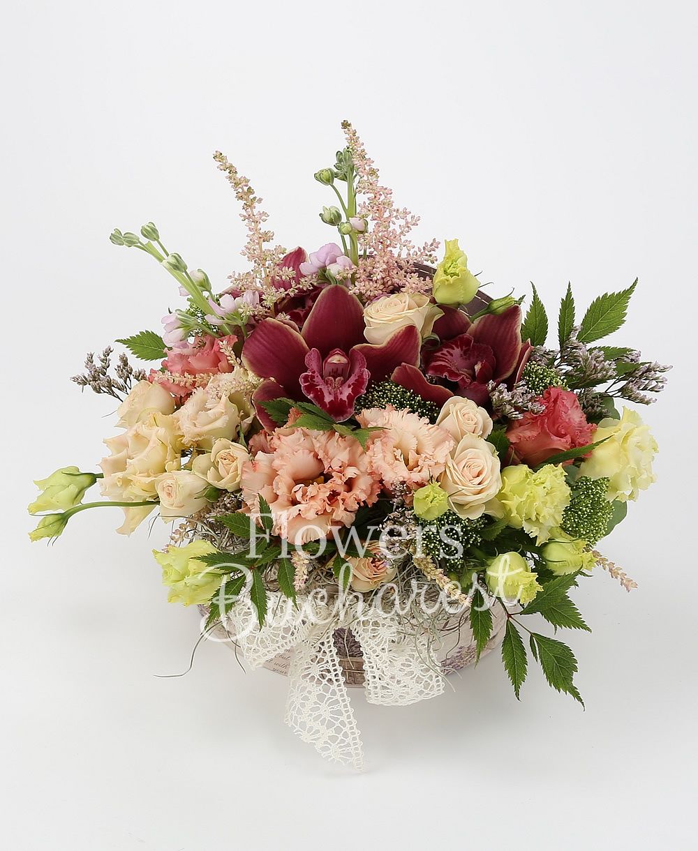 3 pink lisianthus, 2 green lisianthus, 3 cream miniroses, 2 purple mathiolla, garnet cymbidium, 3 pink astilbe, greenery