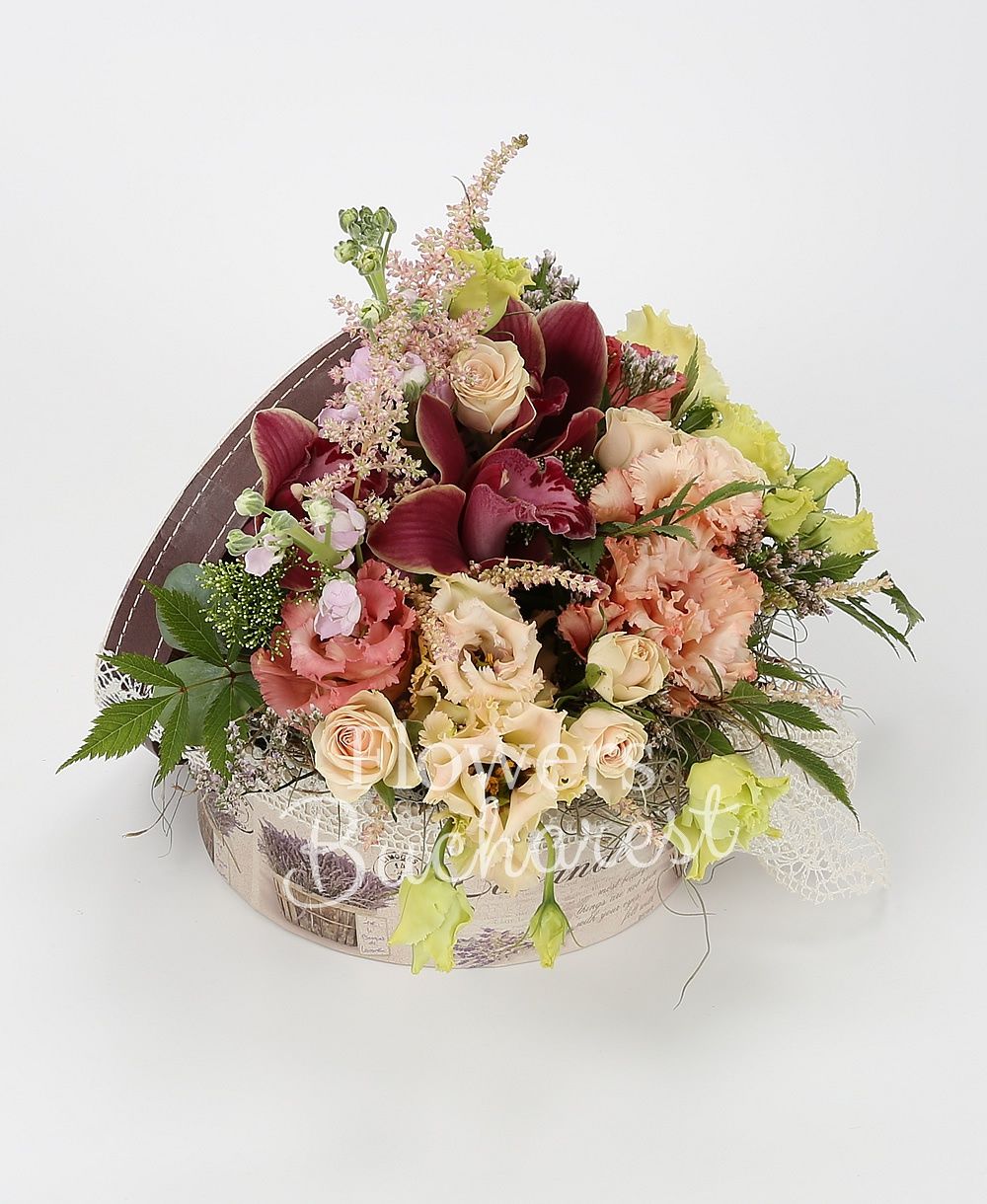 3 pink lisianthus, 2 green lisianthus, 3 cream miniroses, 2 purple mathiolla, garnet cymbidium, 3 pink astilbe, greenery