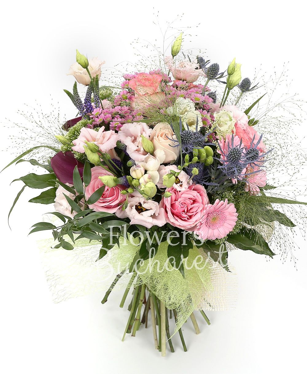 7 pink roses, 5 pink gerberas, 3 purple cala, 3 pink santini, 3 pink lisianthus, 10 white freesias, 3 eryngium, 5 purple veronica, 3 white trachelium, greenery