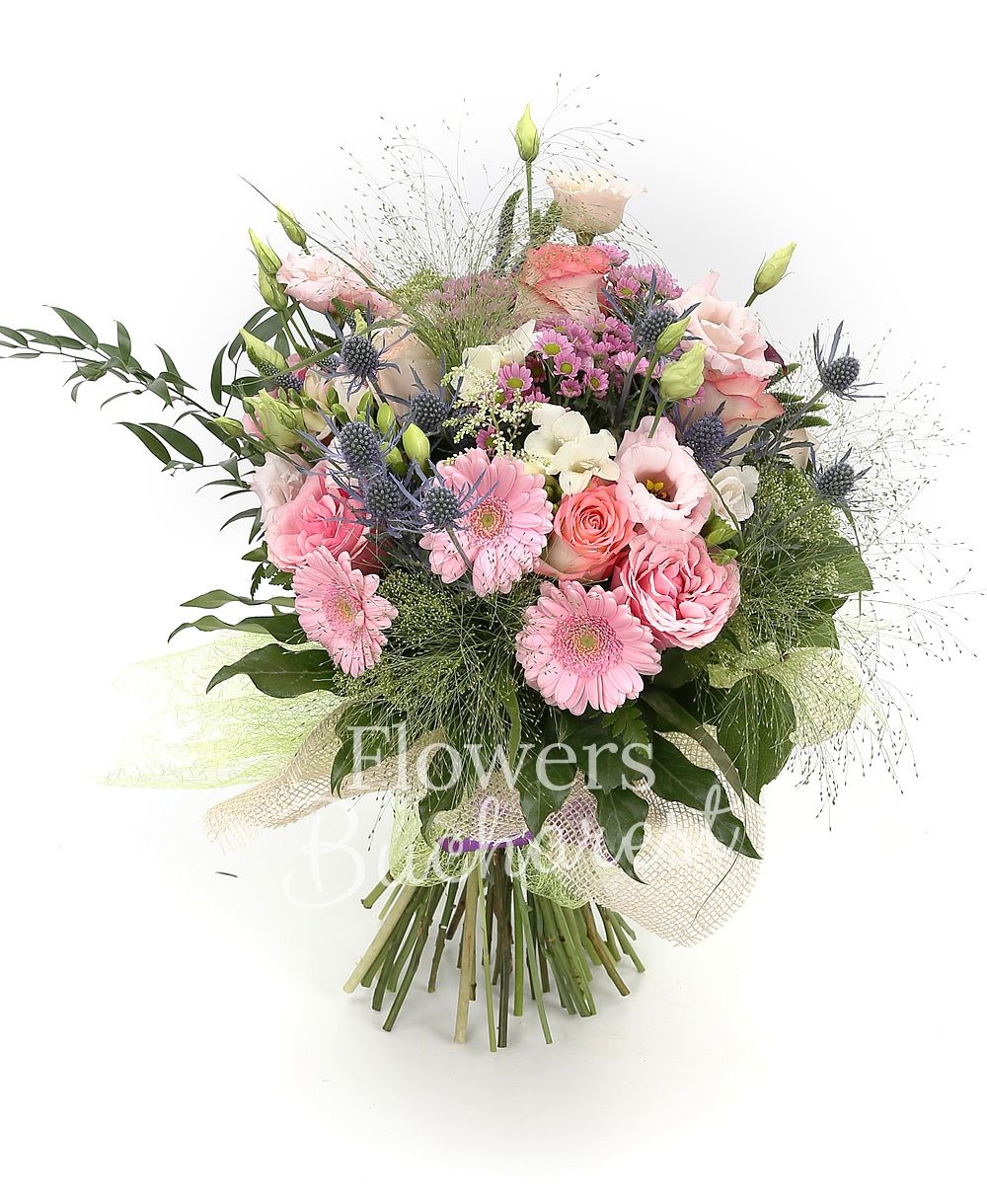 7 pink roses, 5 pink gerberas, 3 purple cala, 3 pink santini, 3 pink lisianthus, 10 white freesias, 3 eryngium, 5 purple veronica, 3 white trachelium, greenery