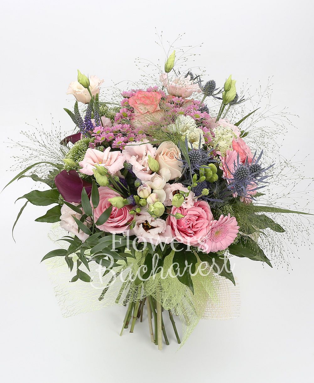 7 pink roses, 5 pink gerberas, 3 purple cala, 3 pink santini, 3 pink lisianthus, 10 white freesias, 3 eryngium, 5 purple veronica, 3 white trachelium, greenery