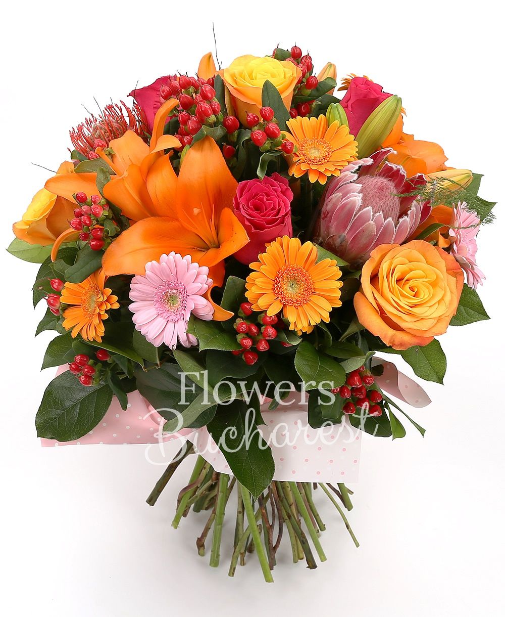 3 orange lilies, 3 proteea, 5 orange roses, 3 cyclam roses, 3 pink gerbera, 5 orange gerbera, 3 leucospermum, 5 hypericum, greenery