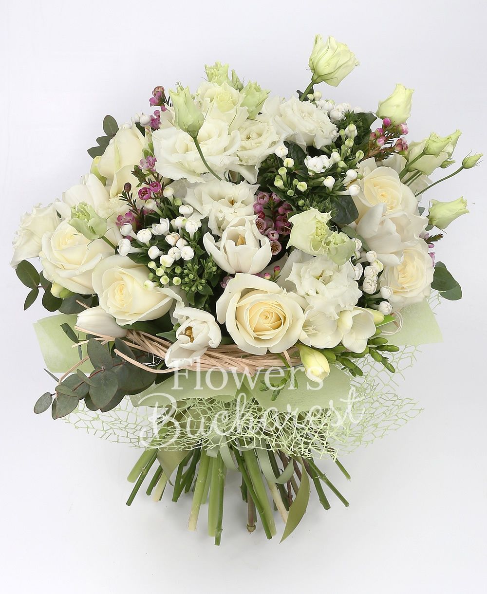 9 white roses, 5 white lisianthus, 10 white tulips, 5 white bouvardia, 10 white freesias, greenery