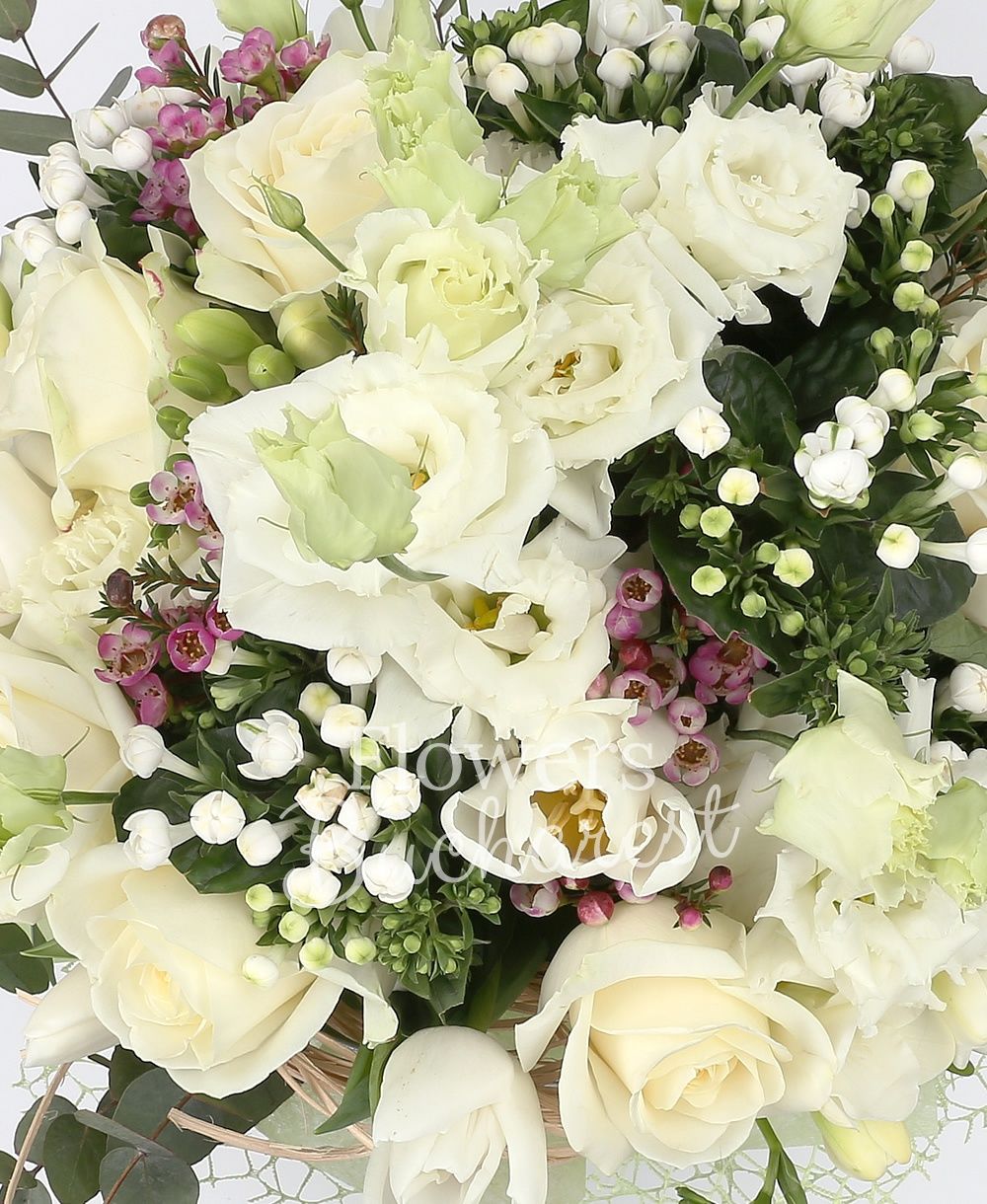 9 white roses, 5 white lisianthus, 10 white tulips, 5 white bouvardia, 10 white freesias, greenery