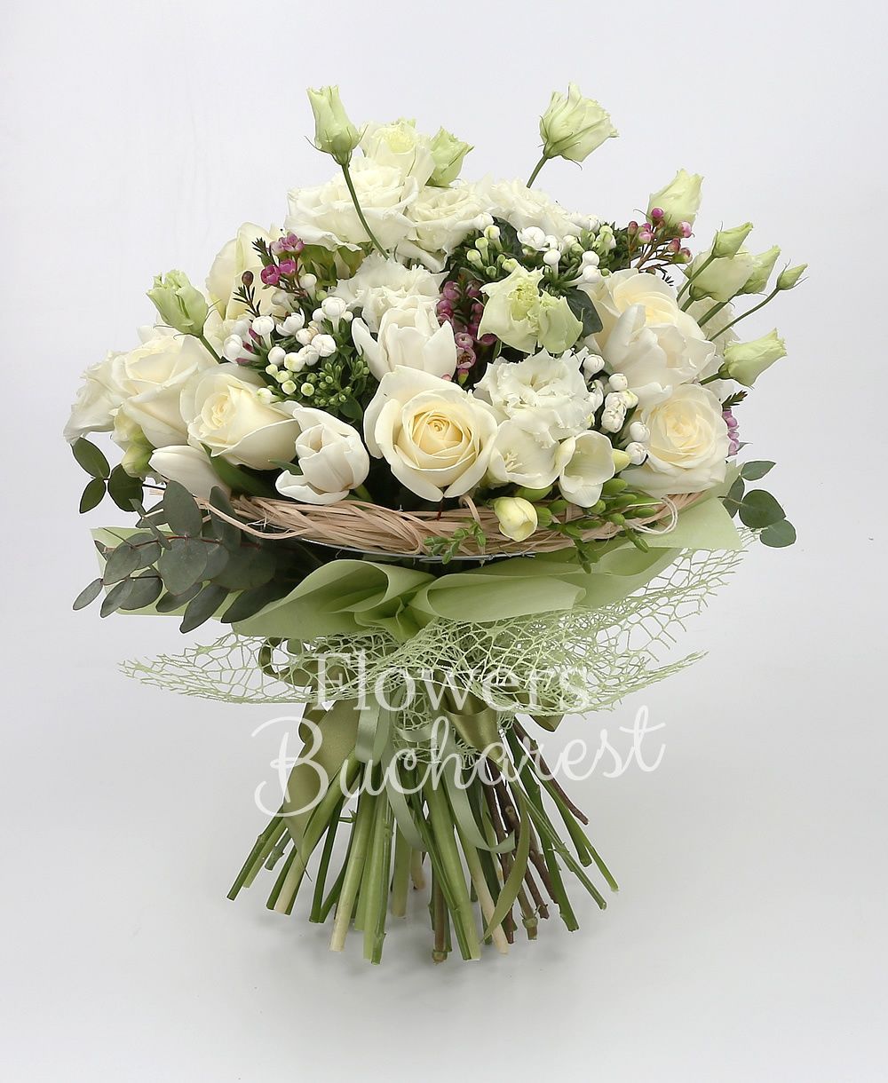 9 white roses, 5 white lisianthus, 10 white tulips, 5 white bouvardia, 10 white freesias, greenery