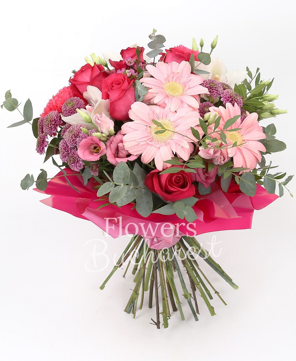 5 cyclam roses, 5 pink gerberas, 5 pink santini, 3 pink lisianthus, 3 cyclam carnations, white cymbidium, greenery