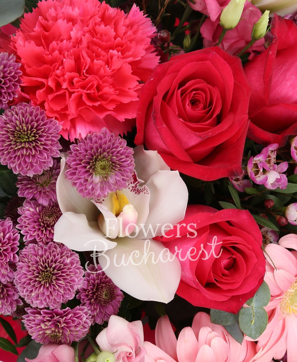 5 cyclam roses, 5 pink gerberas, 5 pink santini, 3 pink lisianthus, 3 cyclam carnations, white cymbidium, greenery