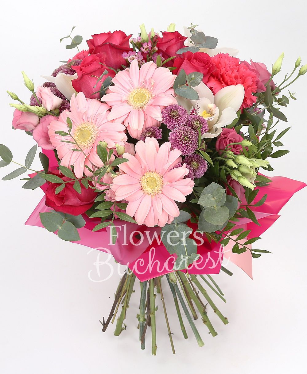 5 cyclam roses, 5 pink gerberas, 5 pink santini, 3 pink lisianthus, 3 cyclam carnations, white cymbidium, greenery