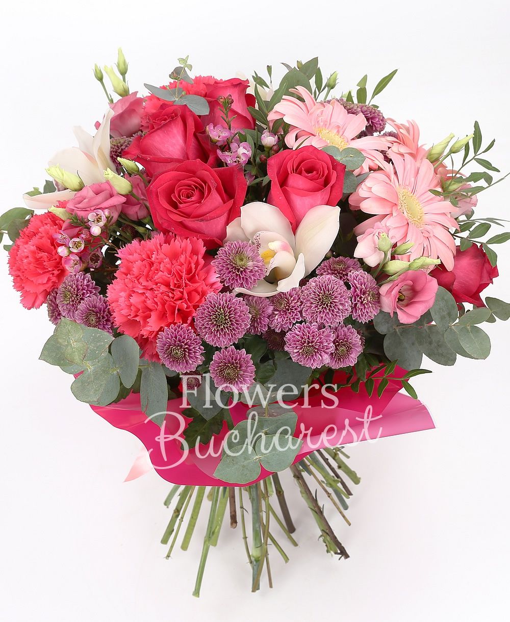 5 cyclam roses, 5 pink gerberas, 5 pink santini, 3 pink lisianthus, 3 cyclam carnations, white cymbidium, greenery