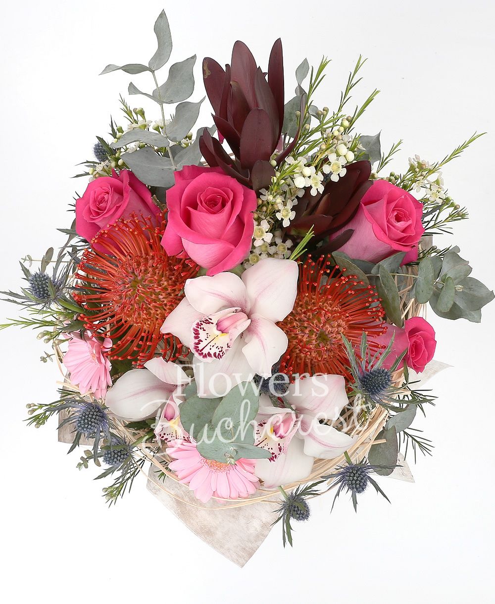 5 cyclam roses, 2 leucadendron, 2 leucospermum, white cymbidium, 2 pink gerbera, 2 eryngium, white waxflower, greenery