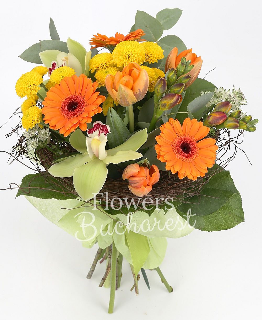 3 orange gerberas, 2 yellow santini, 3 orange tulips, 2 orange freesias, green cymbidium, greenery