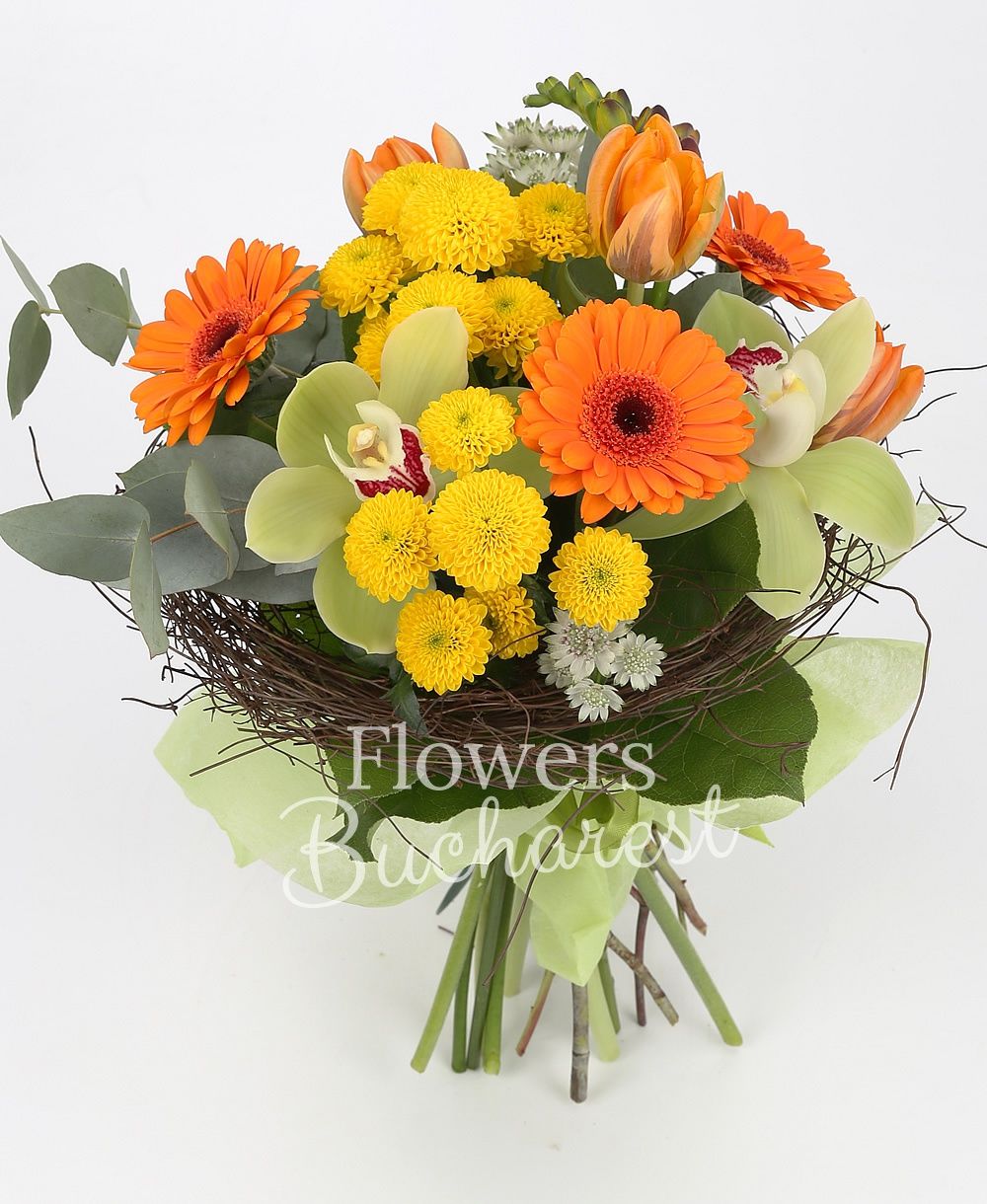 3 orange gerberas, 2 yellow santini, 3 orange tulips, 2 orange freesias, green cymbidium, greenery