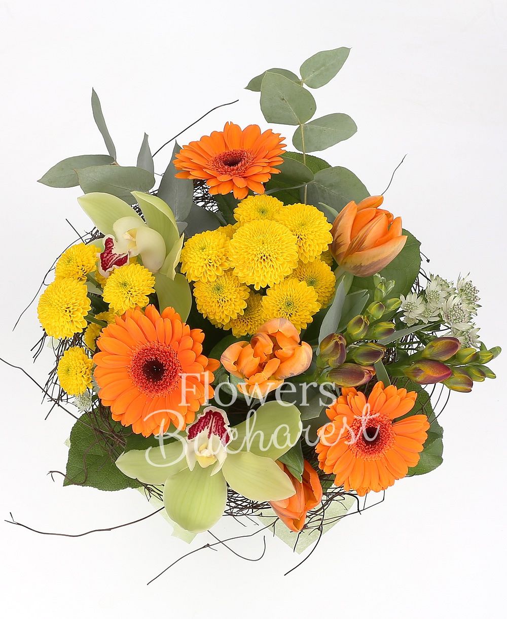 3 orange gerberas, 2 yellow santini, 3 orange tulips, 2 orange freesias, green cymbidium, greenery