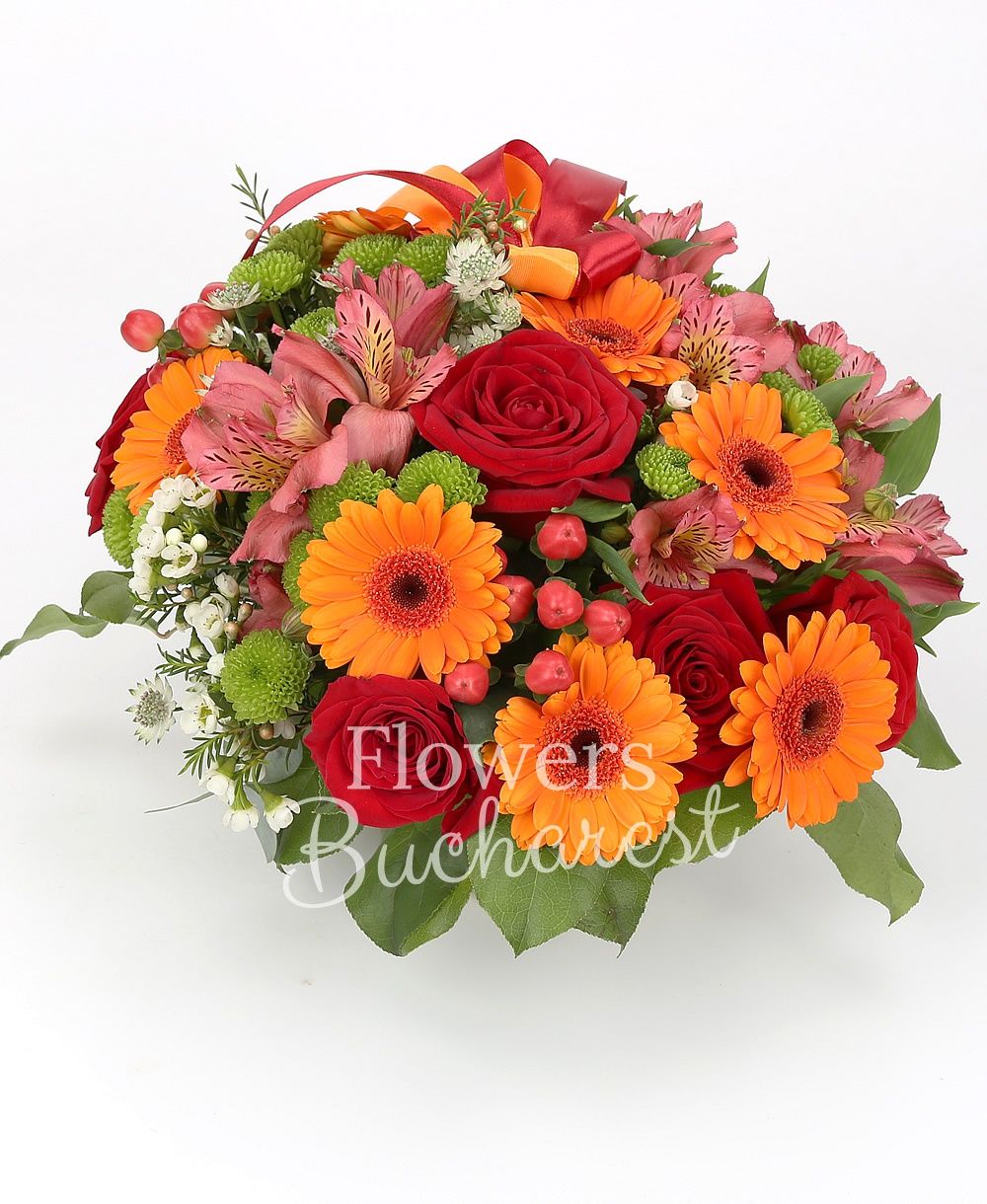 5 red roses, 6 orange gerberas, 3 pink alstroemeria, 3 hypericum, 3 green santini, greenery