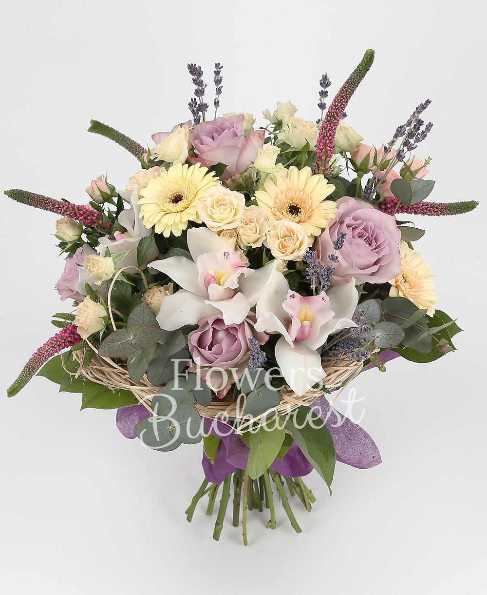 5 purple roses, 5 pink miniroses, 3 cream gerbera, 5 pink veronica, white cymbidium, lavender, greenery