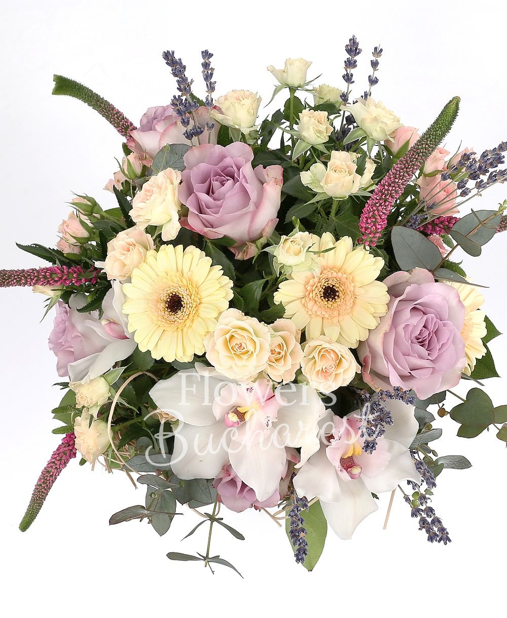 5 purple roses, 5 pink miniroses, 3 cream gerbera, 5 pink veronica, white cymbidium, lavender, greenery