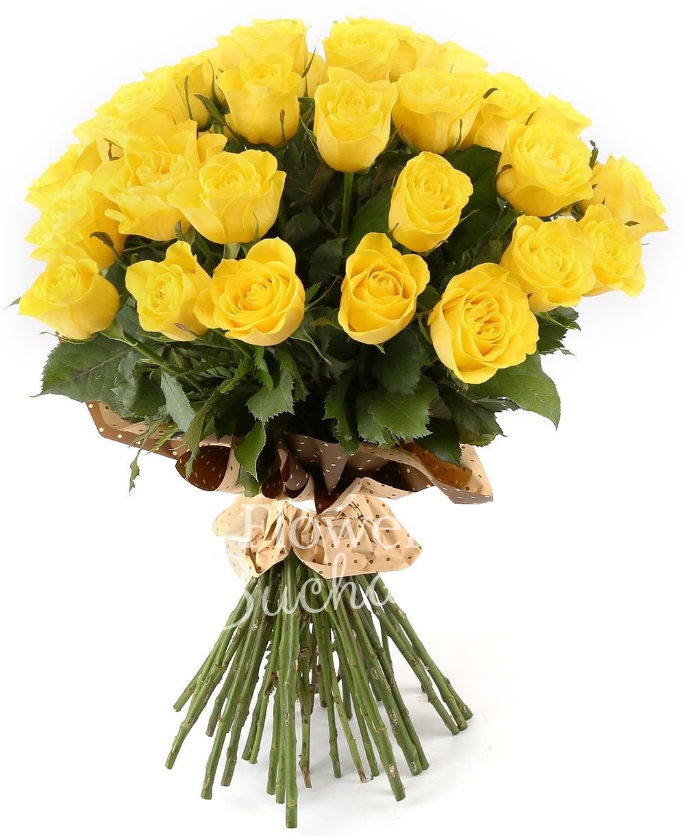 29 yellow roses, greenery