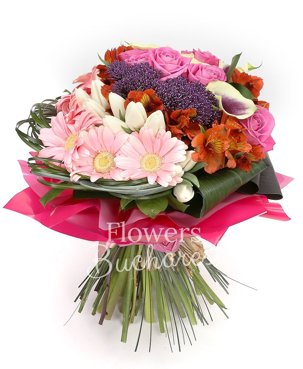 7 pink roses, 7 purple cala, 5 purple trachelium, 5 orange alstoemeria, 10 white tulips, 7 pink gerbera, greenery